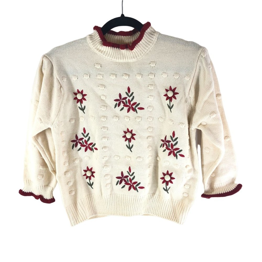 Pink Ripple Retro Sweater Embroidered Floral Ruffle 3/4 Sleeve Ivory L